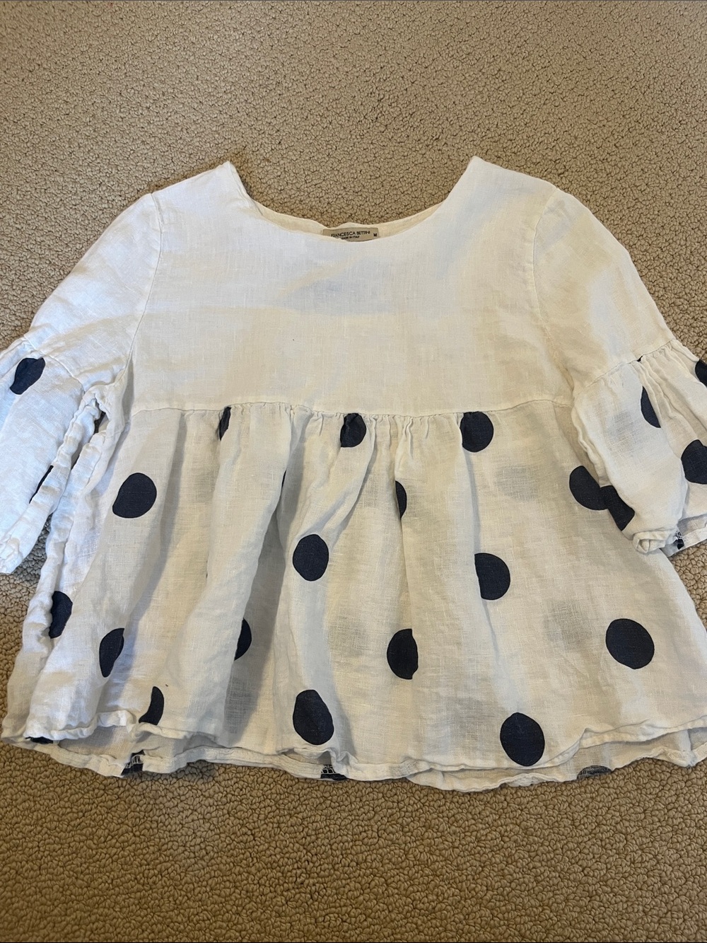 Francesca Bettina 100% Linen Peplum White Polka Dot Babydoll Top Navy Dots M